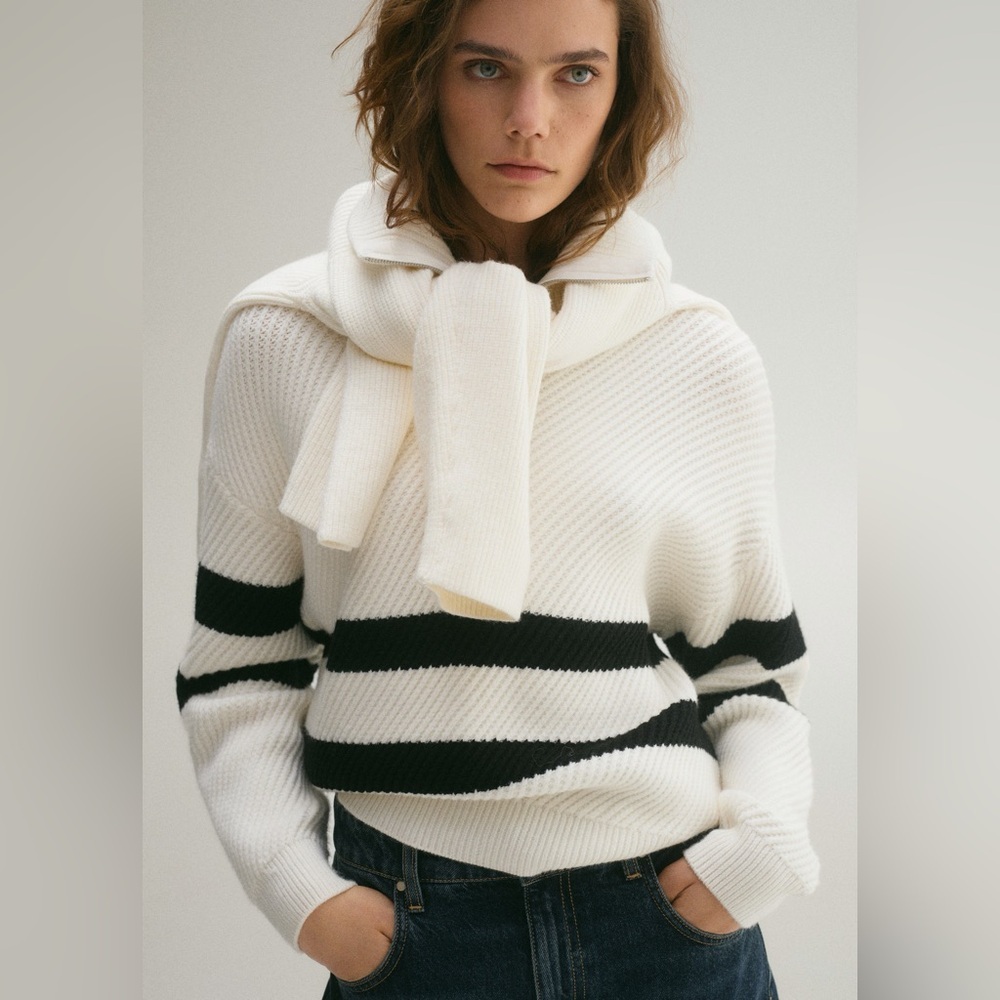 Mango Cream and Black Striped Turtleneck Sweater NWT